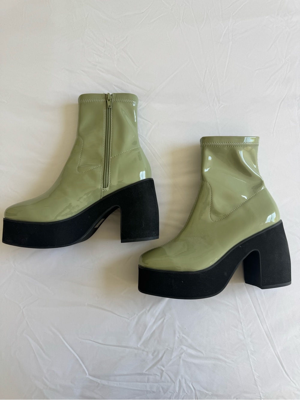 ASOS Patent Sage Green Platform Ankle Boots with Black Heel